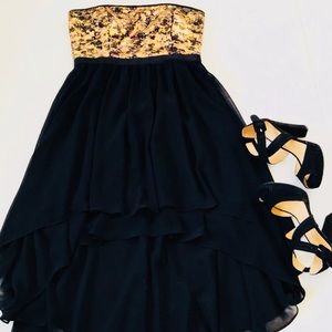 Gold and Black Hi Low Chiffon Sequin Top Dress
